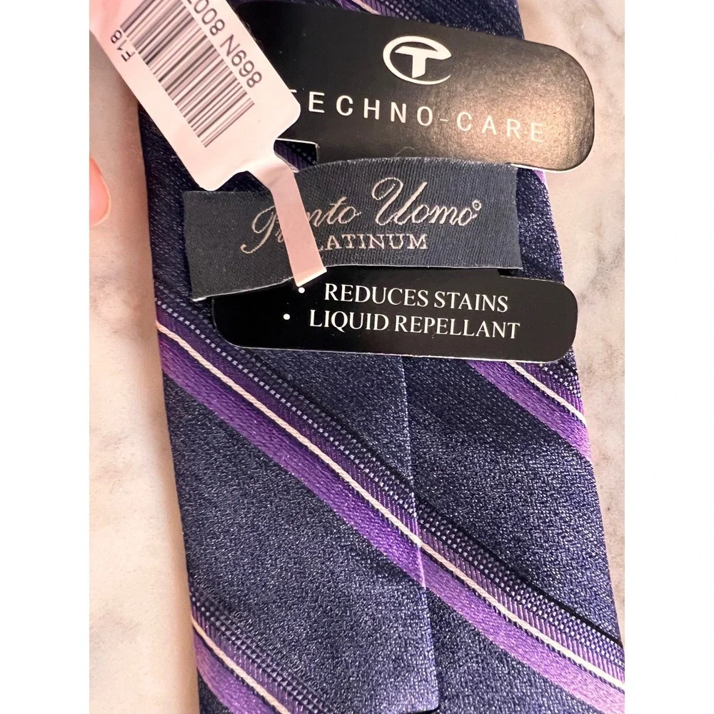 Pronto Uomo Platinum Purple Navy Striped 100% Silk Tie Mens Techno Care MSRP $60